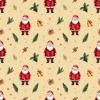 cream background, red santa, white beard, holiday, christmas, festive, winter, evergreen branches, pine needles, holly leaves, gold stars, wrapped gifts, presents, bows, ribbons, traditional, whimsical, vintage christmas, jolly, seasonal decor, kids room, nursery, playroom, forest green, golden yellow, warm tones, retro style, classic santa, decorative elements, christmas morning