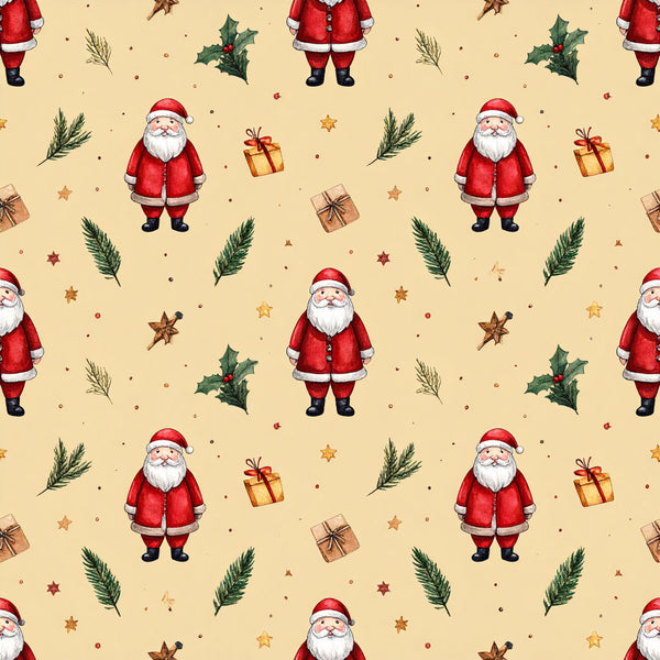 cream background, red santa, white beard, holiday, christmas, festive, winter, evergreen branches, pine needles, holly leaves, gold stars, wrapped gifts, presents, bows, ribbons, traditional, whimsical, vintage christmas, jolly, seasonal decor, kids room, nursery, playroom, forest green, golden yellow, warm tones, retro style, classic santa, decorative elements, christmas morning