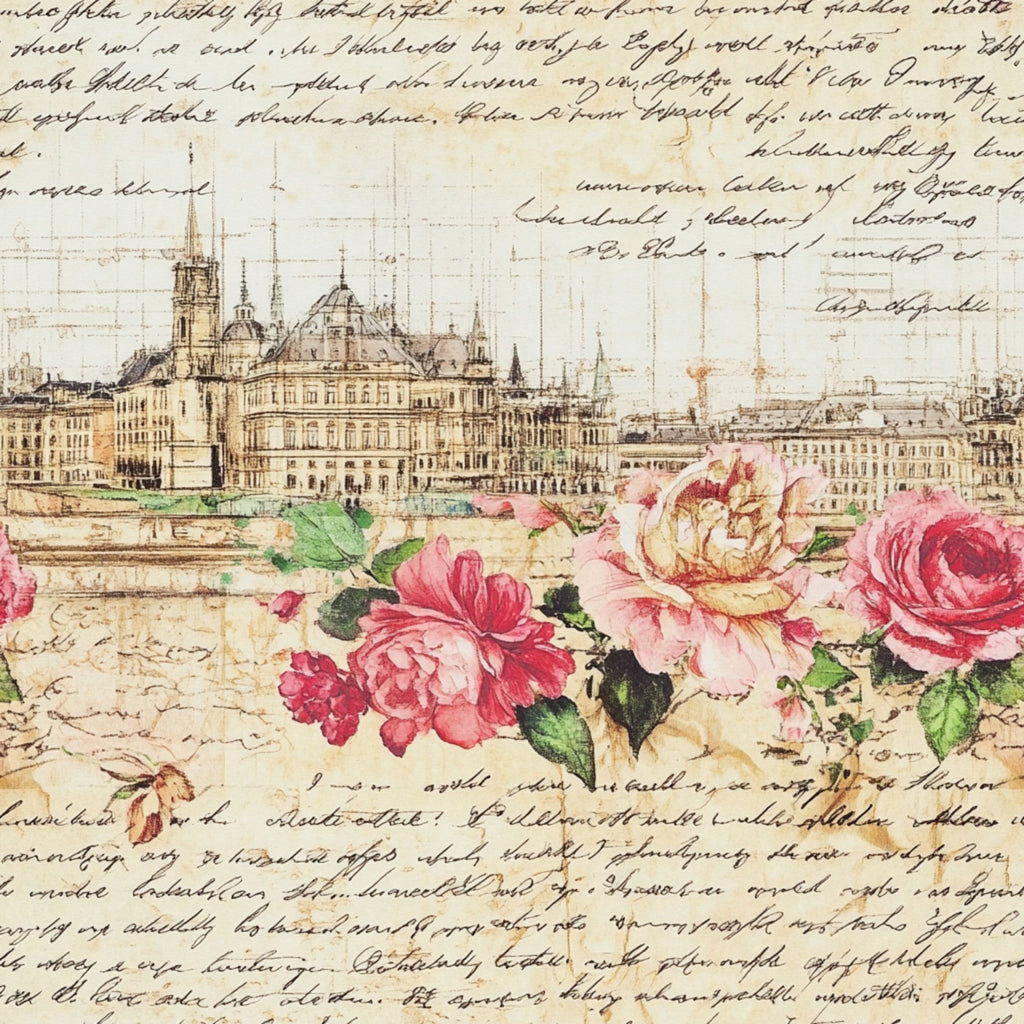 vintage cityscape, pink roses, cream background, handwritten script, european architecture, floral motif,, fabric panel, botanical illustration, aged parchment, sepia tones, romantic style, ornate buildings, cathedral spires, watercolor flowers, dusty rose, sage green, antique lettering, scenic landscape, decorative roses