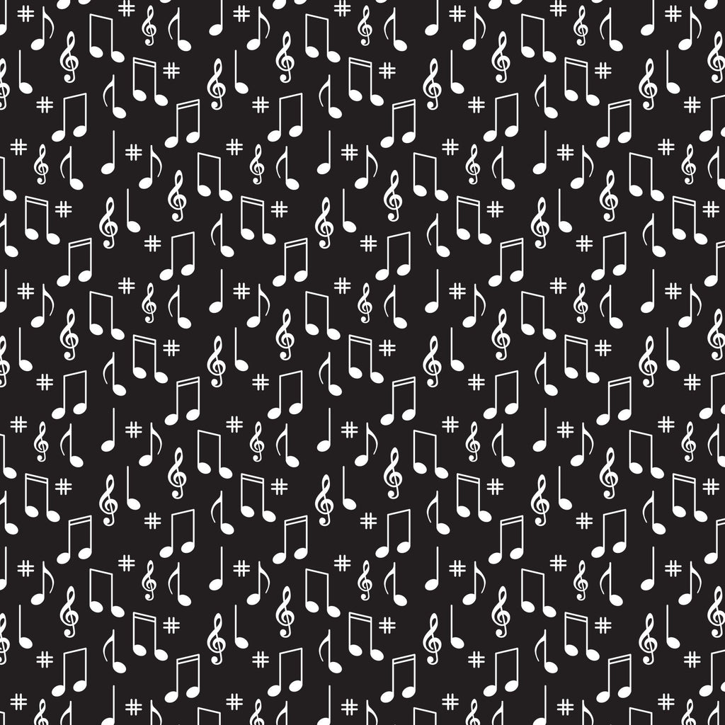black background, white musical notes, treble clef, sharp symbols, music notation, scattered pattern, monochrome design,, fabric panel, retro style, 1950s aesthetic, diner theme, vintage pattern, musical motifs, geometric arrangement, high contrast, cotton fabric, crafting material, sewing supplies
