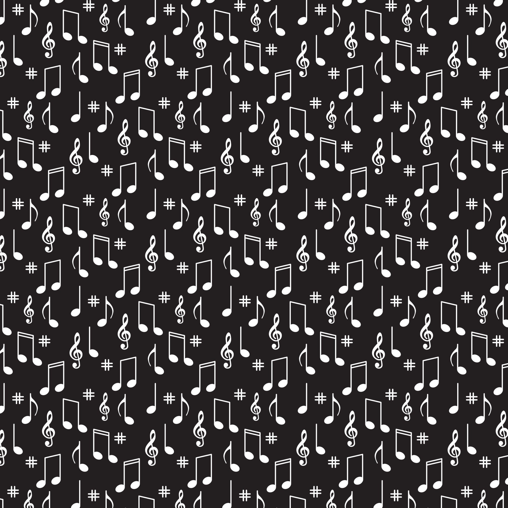 black background, white musical notes, treble clef, sharp symbols, music notation, scattered pattern, monochrome design,, fabric panel, retro style, 1950s aesthetic, diner theme, vintage pattern, musical motifs, geometric arrangement, high contrast, cotton fabric, crafting material, sewing supplies