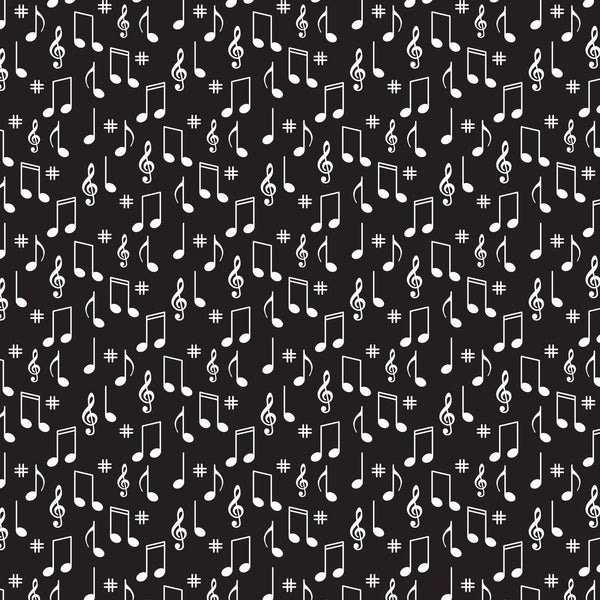 black background, white musical notes, treble clef, sharp symbols, music notation, scattered pattern, monochrome design,, fabric panel, retro style, 1950s aesthetic, diner theme, vintage pattern, musical motifs, geometric arrangement, high contrast, cotton fabric, crafting material, sewing supplies