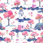 pink, coral, navy blue, white, lighthouse, cherry blossoms, flowering trees, ocean waves, springtime, floral pattern, whimsical illustration, nautical theme,, fabric panel, seamless repeat, coastal scene, blooming flowers, pastel colors, maritime design, spring blossoms