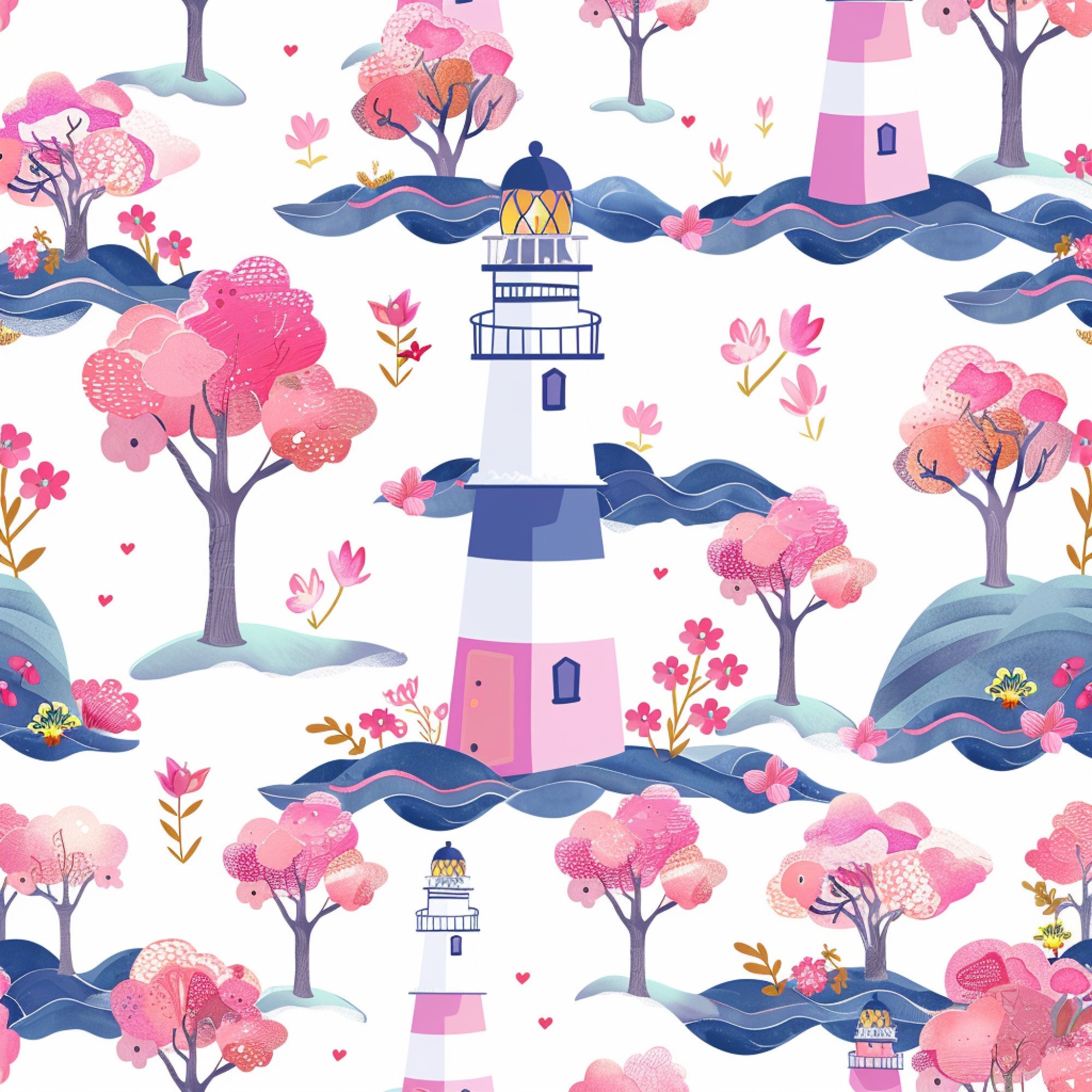 pink, coral, navy blue, white, lighthouse, cherry blossoms, flowering trees, ocean waves, springtime, floral pattern, whimsical illustration, nautical theme,, fabric panel, seamless repeat, coastal scene, blooming flowers, pastel colors, maritime design, spring blossoms