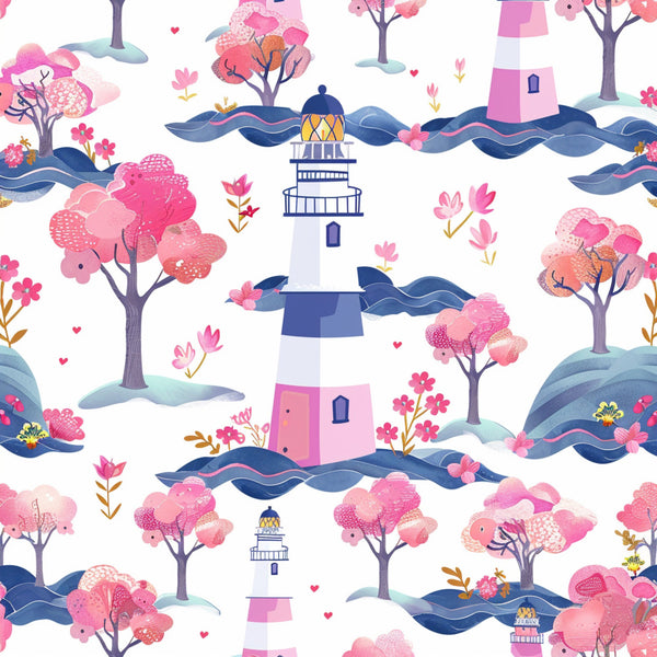 pink, coral, navy blue, white, lighthouse, cherry blossoms, flowering trees, ocean waves, springtime, floral pattern, whimsical illustration, nautical theme,, fabric panel, seamless repeat, coastal scene, blooming flowers, pastel colors, maritime design, spring blossoms