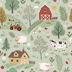 sage green, cream, red, golden yellow, brown, farmhouse, pastoral, whimsical, rustic, nature, farm animals, sheep, cow, tractor, barn, countryside, trees, flowers, daisies, berries, birds, leaves, folk art, children's, nursery, playroom, kids room, spring, summer, traditional