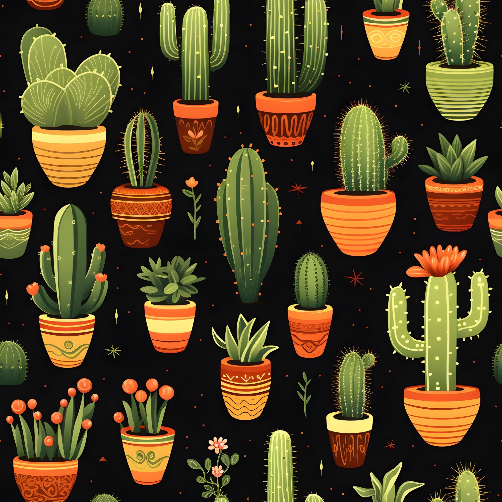 retro cactus, potted plants, succulents, orange pots, terracotta planters, green cacti, black background, desert plants, botanical pattern,, fabric panel, southwestern style, vintage illustration, houseplants, prickly pear, barrel cactus, decorative pots, geometric planters, spiky plants, desert theme