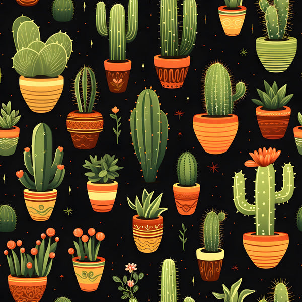 retro cactus, potted plants, succulents, orange pots, terracotta planters, green cacti, black background, desert plants, botanical pattern,, fabric panel, southwestern style, vintage illustration, houseplants, prickly pear, barrel cactus, decorative pots, geometric planters, spiky plants, desert theme