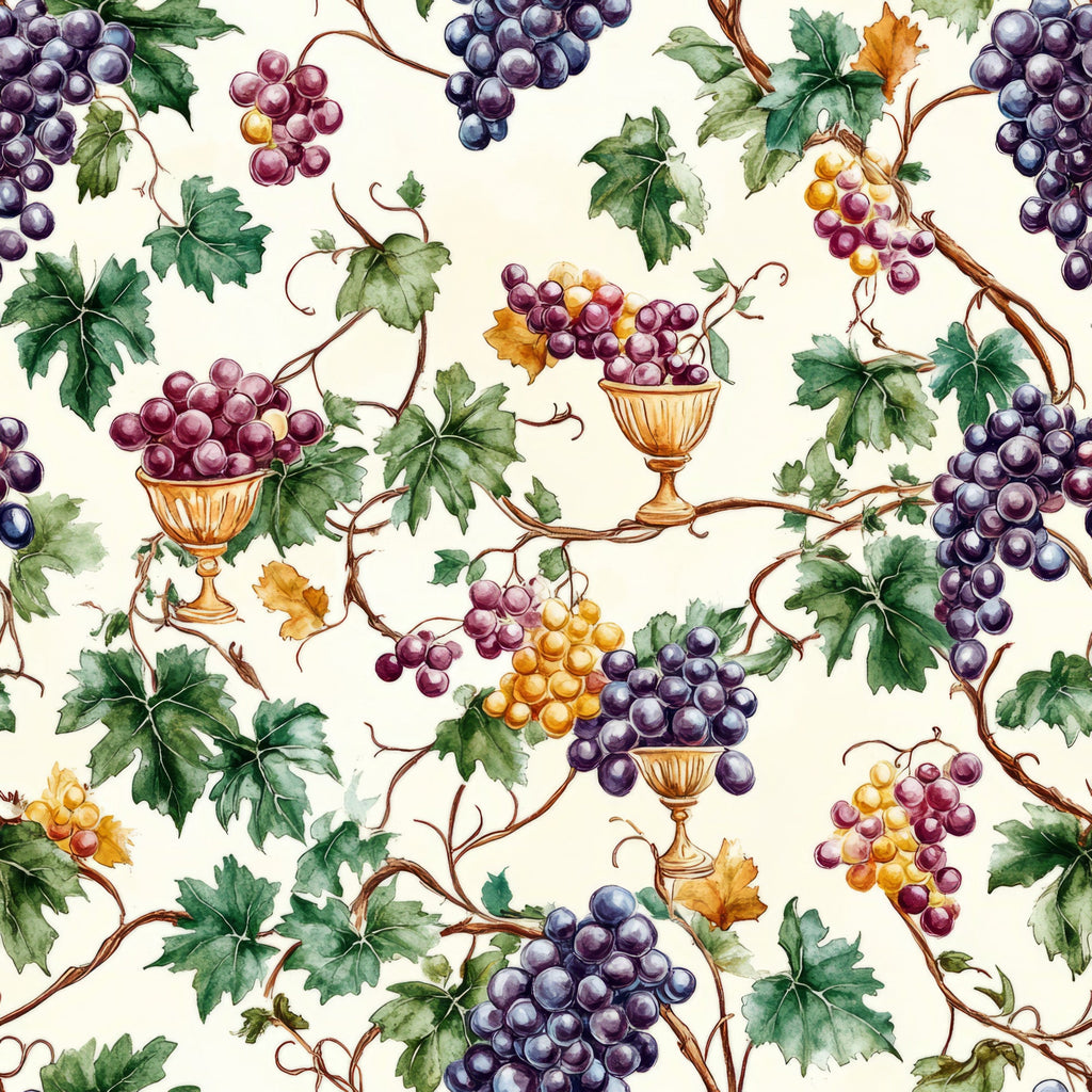 grape clusters, vineyard pattern, wine theme, purple grapes, golden grapes, green leaves, vine branches, decorative urns, chalices, watercolor style, botanical design, harvest motif, cream background,, fabric panel, wine country, autumn colors, repeating pattern, natural elements, wine vessels