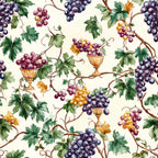 grape clusters, vineyard pattern, wine theme, purple grapes, golden grapes, green leaves, vine branches, decorative urns, chalices, watercolor style, botanical design, harvest motif, cream background,, fabric panel, wine country, autumn colors, repeating pattern, natural elements, wine vessels
