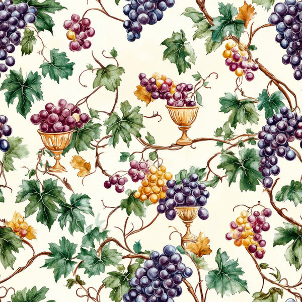grape clusters, vineyard pattern, wine theme, purple grapes, golden grapes, green leaves, vine branches, decorative urns, chalices, watercolor style, botanical design, harvest motif, cream background,, fabric panel, wine country, autumn colors, repeating pattern, natural elements, wine vessels