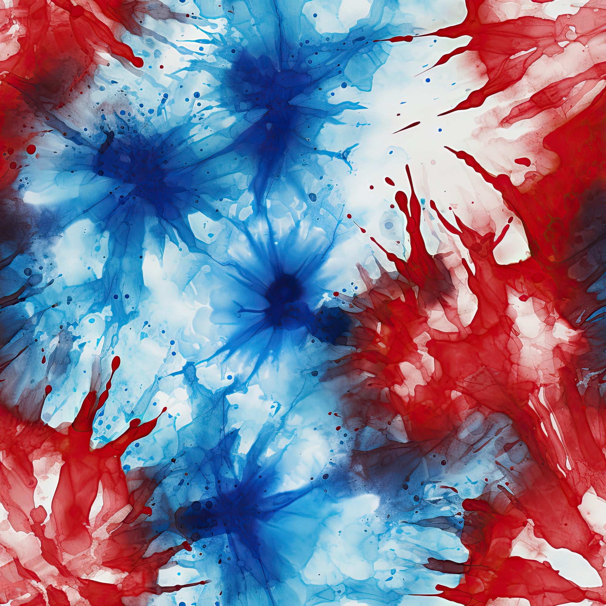 red, white, blue, tie-dye, watercolor splashes, abstract bursts, patriotic colors, explosive pattern, radiating design, cotton fabric, quilting panel, americana theme, starburst effect, paint splatter, artistic swirls, fourth of july, independence day, summer celebration, craft fabric, textile art