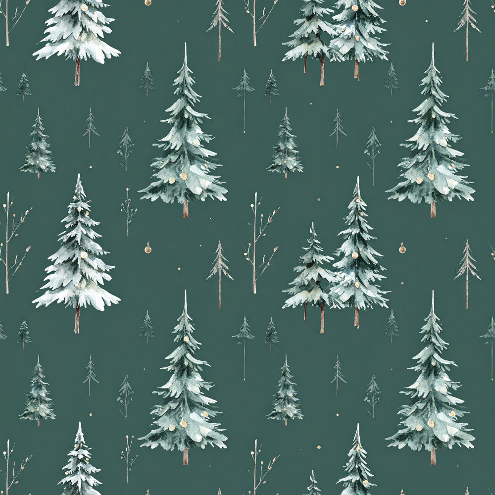 forest green, snow-covered trees, winter trees, evergreen, pine trees, snowy forest, white snow, cream, tan, beige, woodland, nature, winter, christmas, holiday, festive, rustic, cozy, whimsical, bare branches, ornaments, gold accents, copper details, woodland animals, nursery, kids room, playroom, winter wonderland, alpine forest