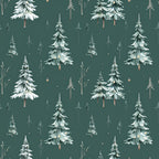 forest green, snow-covered trees, winter trees, evergreen, pine trees, snowy forest, white snow, cream, tan, beige, woodland, nature, winter, christmas, holiday, festive, rustic, cozy, whimsical, bare branches, ornaments, gold accents, copper details, woodland animals, nursery, kids room, playroom, winter wonderland, alpine forest