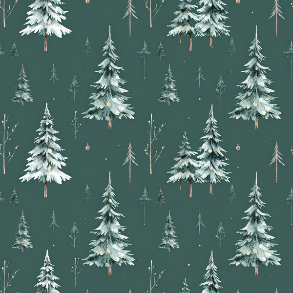 forest green, snow-covered trees, winter trees, evergreen, pine trees, snowy forest, white snow, cream, tan, beige, woodland, nature, winter, christmas, holiday, festive, rustic, cozy, whimsical, bare branches, ornaments, gold accents, copper details, woodland animals, nursery, kids room, playroom, winter wonderland, alpine forest