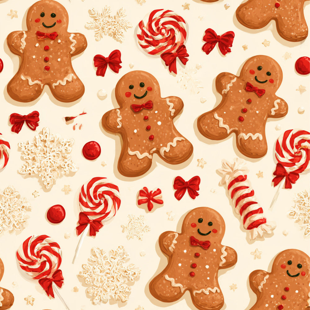 gingerbread, candy cane, peppermint, lollipop, snowflake, red and white, cream, tan, brown, holiday, christmas, festive, whimsical, playful, cute, gingerbread man, candy, sweets, winter, seasonal, kids, children, nursery, playroom, baby shower, traditional, cheerful, bow, red ribbon