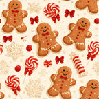 gingerbread, candy cane, peppermint, lollipop, snowflake, red and white, cream, tan, brown, holiday, christmas, festive, whimsical, playful, cute, gingerbread man, candy, sweets, winter, seasonal, kids, children, nursery, playroom, baby shower, traditional, cheerful, bow, red ribbon
