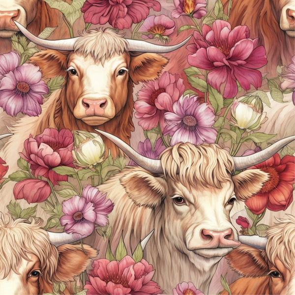 highland cows, floral pattern, pink flowers, coral blooms, brown cattle, horned cows, botanical design,, fabric panel, pastoral theme, farm animals, detailed illustration, realistic art style, nature motif, cream background, magenta petals, green leaves, country living, bovine portraits, cottagecore aesthetic