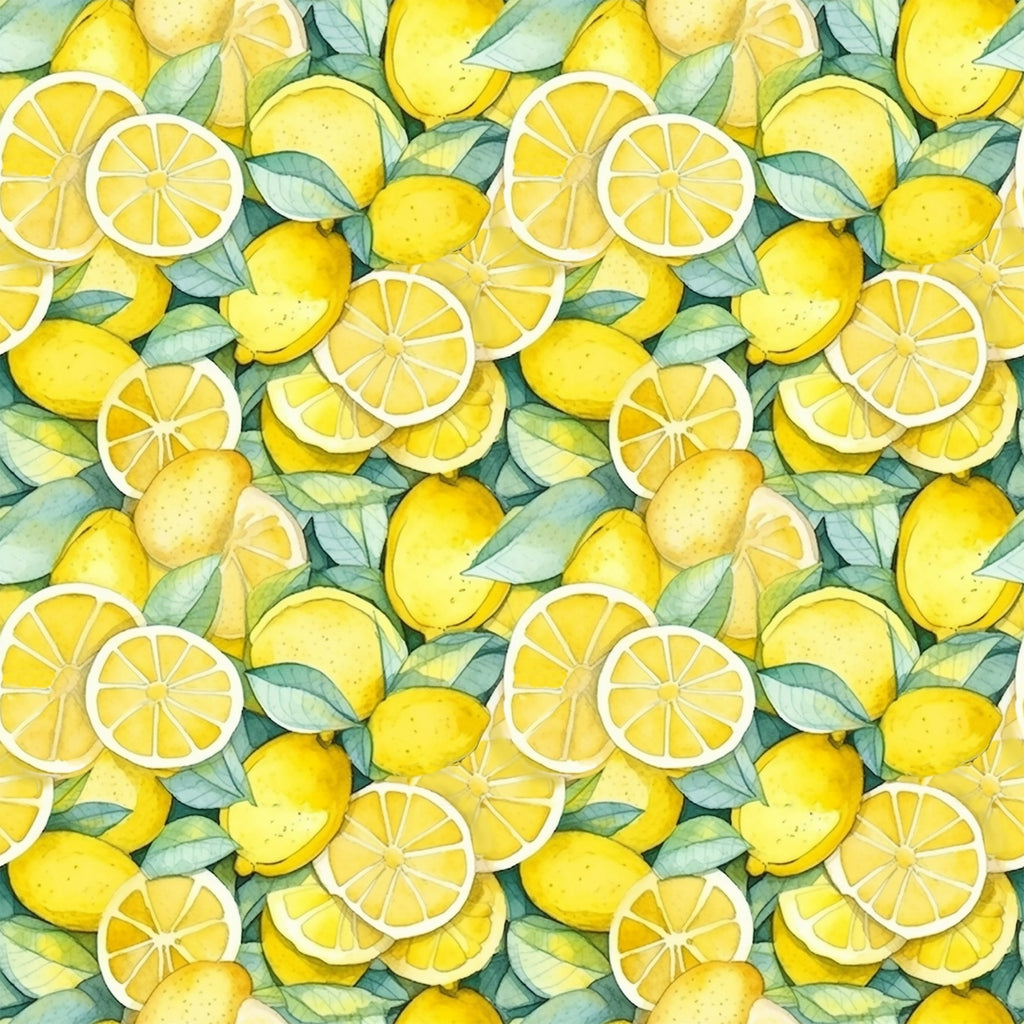 yellow, bright yellow, golden yellow, green leaves, lemon slices, whole lemons, citrus fruit, watercolor style, botanical pattern, repeating pattern, fresh fruit, summer theme,, fabric panel, juice, zesty, organic shapes, natural elements, kitchen theme, cheerful mood