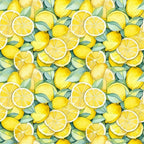 yellow, bright yellow, golden yellow, green leaves, lemon slices, whole lemons, citrus fruit, watercolor style, botanical pattern, repeating pattern, fresh fruit, summer theme,, fabric panel, juice, zesty, organic shapes, natural elements, kitchen theme, cheerful mood