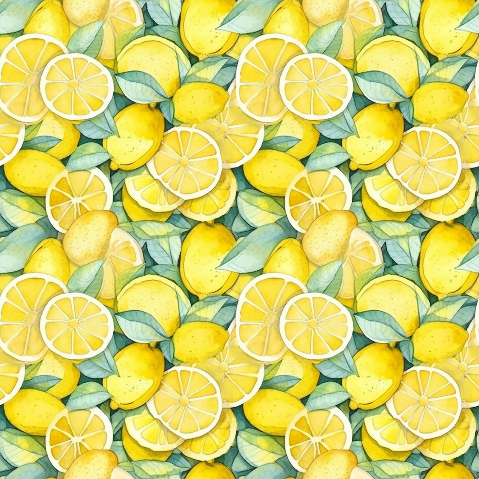 yellow, bright yellow, golden yellow, green leaves, lemon slices, whole lemons, citrus fruit, watercolor style, botanical pattern, repeating pattern, fresh fruit, summer theme,, fabric panel, juice, zesty, organic shapes, natural elements, kitchen theme, cheerful mood