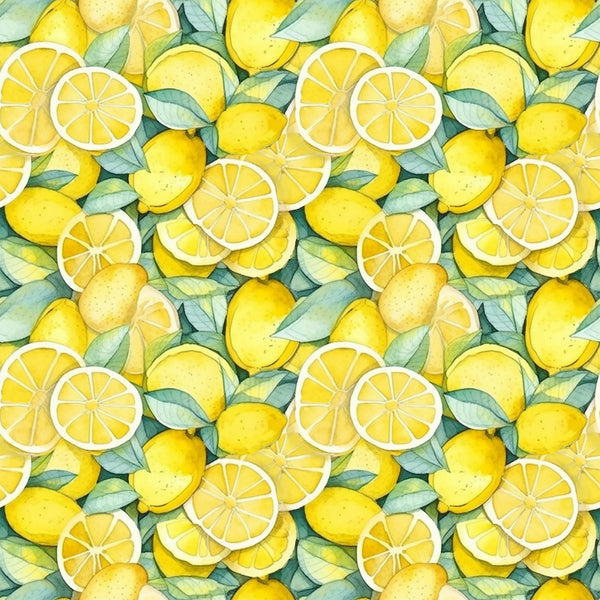 yellow, bright yellow, golden yellow, green leaves, lemon slices, whole lemons, citrus fruit, watercolor style, botanical pattern, repeating pattern, fresh fruit, summer theme,, fabric panel, juice, zesty, organic shapes, natural elements, kitchen theme, cheerful mood