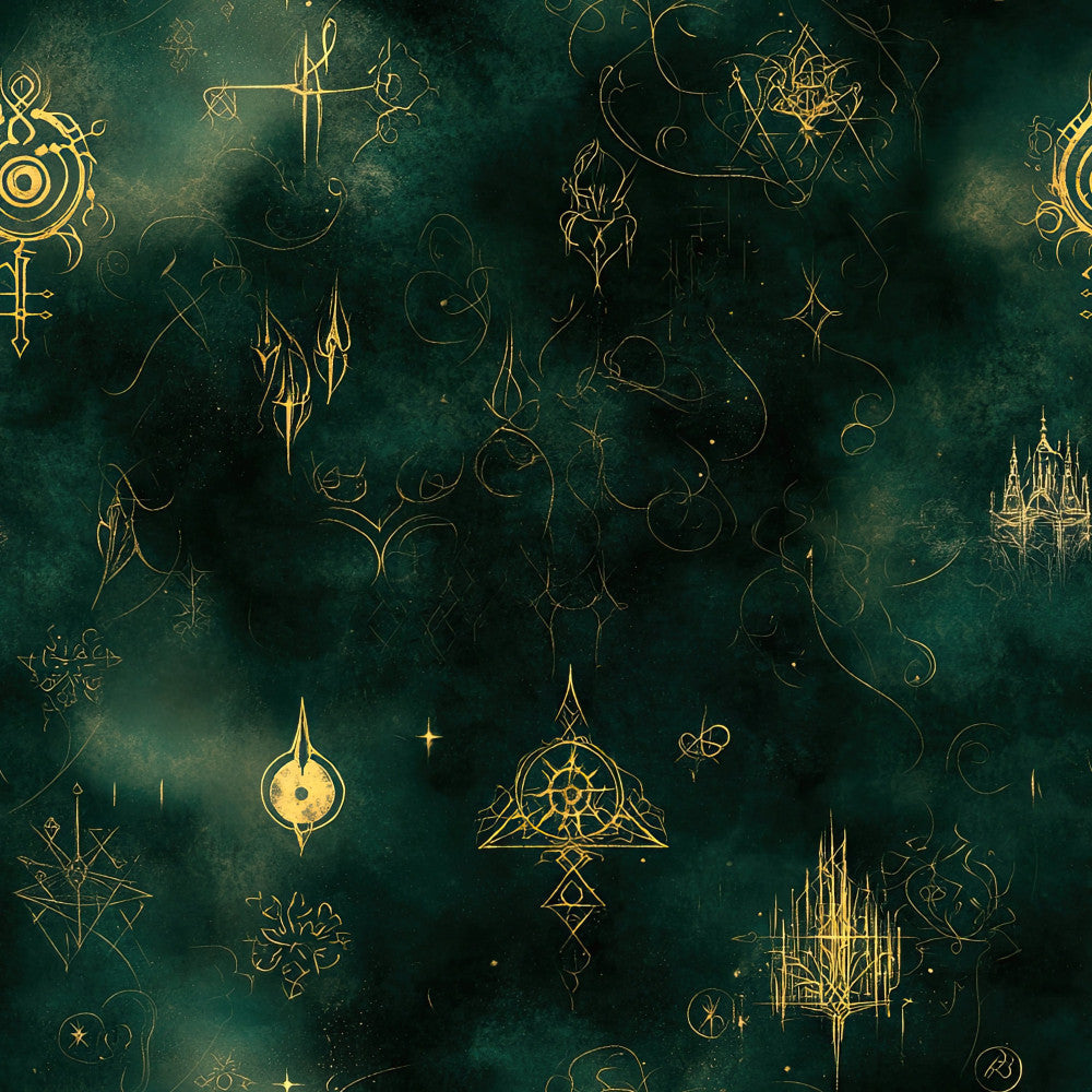 forest green, gold, teal, emerald, metallic gold, celestial, fantasy, magical, mystical, elegant, ornate, gothic, whimsical, castles, spires, stars, geometric patterns, crosses, ornamental designs, enchanted, vintage, boho, baroque, intricate details, dreamlike, dark academia, mystical symbols, luxurious