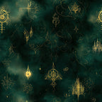 forest green, gold, teal, emerald, metallic gold, celestial, fantasy, magical, mystical, elegant, ornate, gothic, whimsical, castles, spires, stars, geometric patterns, crosses, ornamental designs, enchanted, vintage, boho, baroque, intricate details, dreamlike, dark academia, mystical symbols, luxurious