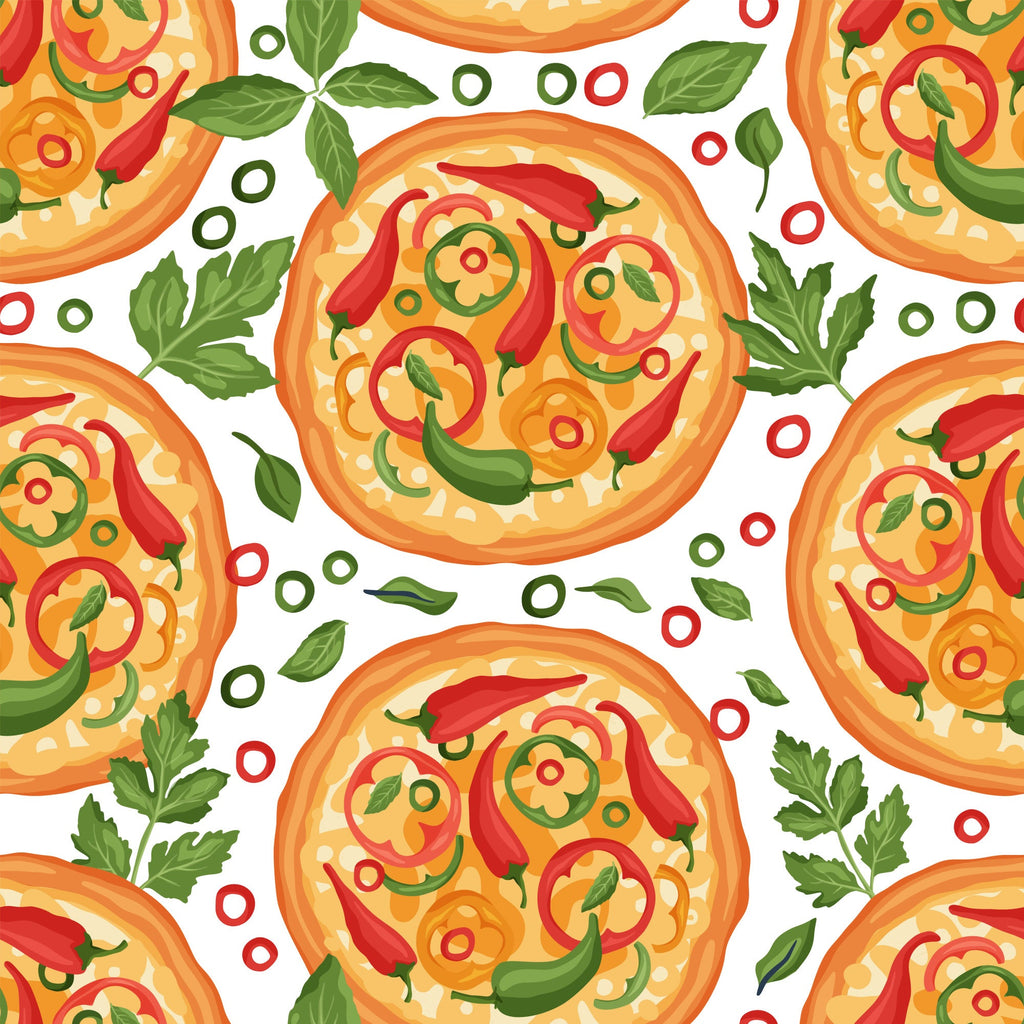 pizza pattern,, fabric panel, orange, red, green, yellow, white background, food motif, italian cuisine, pepperoni, bell peppers, basil leaves, cheese, circular design, repeating pattern, kitchen theme, cooking motif, colorful, bright colors, food illustration