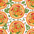 pizza pattern,, fabric panel, orange, red, green, yellow, white background, food motif, italian cuisine, pepperoni, bell peppers, basil leaves, cheese, circular design, repeating pattern, kitchen theme, cooking motif, colorful, bright colors, food illustration