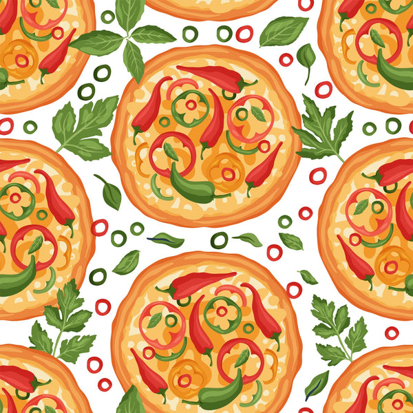 pizza pattern,, fabric panel, orange, red, green, yellow, white background, food motif, italian cuisine, pepperoni, bell peppers, basil leaves, cheese, circular design, repeating pattern, kitchen theme, cooking motif, colorful, bright colors, food illustration