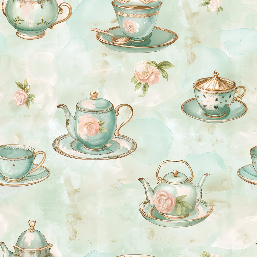 mint green, blush pink, rose gold, watercolor style, teacups, teapots, saucers, floral roses, tea party, vintage china, delicate pattern,, fabric panel, whimsical design, shabby chic, pastel colors, botanical elements, cottage core, feminine motif, repeating pattern