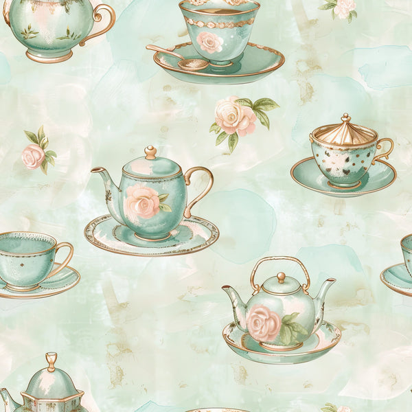 mint green, blush pink, rose gold, watercolor style, teacups, teapots, saucers, floral roses, tea party, vintage china, delicate pattern,, fabric panel, whimsical design, shabby chic, pastel colors, botanical elements, cottage core, feminine motif, repeating pattern