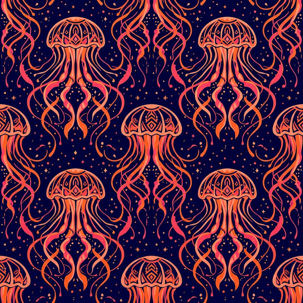 navy blue, coral orange, deep purple, golden yellow, celestial, jellyfish, ocean, sea creatures, bioluminescent, glowing, cosmic, stars, sparkles, whimsical, modern, bohemian, elegant, mystical, deep sea, fantasy, magical, nursery, kids room, playroom, bedding, underwater theme, dreamy, enchanted, nature inspired