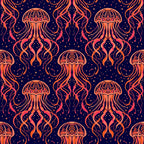 navy blue, coral orange, deep purple, golden yellow, celestial, jellyfish, ocean, sea creatures, bioluminescent, glowing, cosmic, stars, sparkles, whimsical, modern, bohemian, elegant, mystical, deep sea, fantasy, magical, nursery, kids room, playroom, bedding, underwater theme, dreamy, enchanted, nature inspired