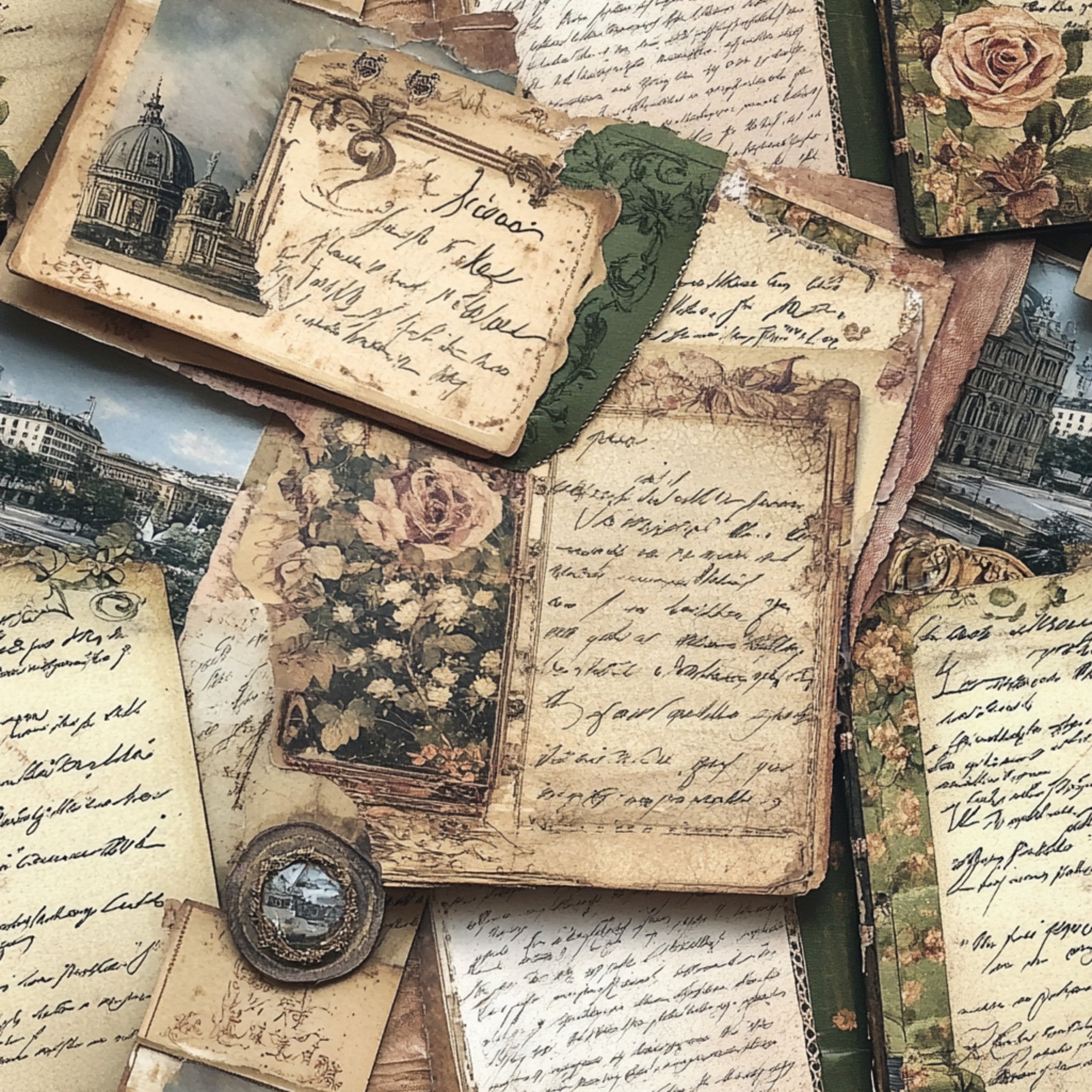 vintage postcards, aged paper, handwritten script, european architecture, cathedral buildings, roses, floral motifs, sepia tones, beige, cream, sage green, dusty rose, antique letters, travel themes, old world charm, weathered textures,, fabric panel, nostalgic mood, ornate borders