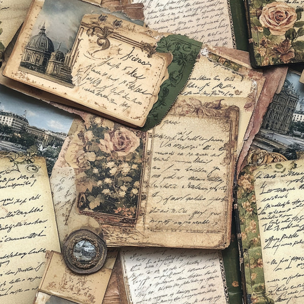 vintage postcards, aged paper, handwritten script, european architecture, cathedral buildings, roses, floral motifs, sepia tones, beige, cream, sage green, dusty rose, antique letters, travel themes, old world charm, weathered textures,, fabric panel, nostalgic mood, ornate borders