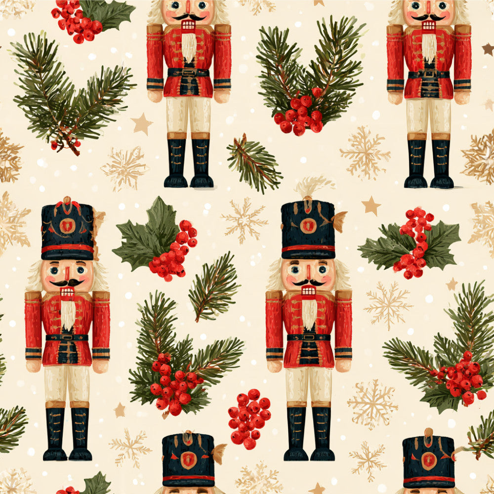 nutcracker, christmas, holiday, red, cream, forest green, gold, black, vintage, traditional, whimsical, festive, nutcracker soldier, evergreen branches, holly berries, snowflakes, stars, winter, seasonal, children's, kids room, playroom, nursery, toy soldier, classical, nostalgic, red and green, beige background, decorative, cheerful