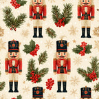 nutcracker, christmas, holiday, red, cream, forest green, gold, black, vintage, traditional, whimsical, festive, nutcracker soldier, evergreen branches, holly berries, snowflakes, stars, winter, seasonal, children's, kids room, playroom, nursery, toy soldier, classical, nostalgic, red and green, beige background, decorative, cheerful