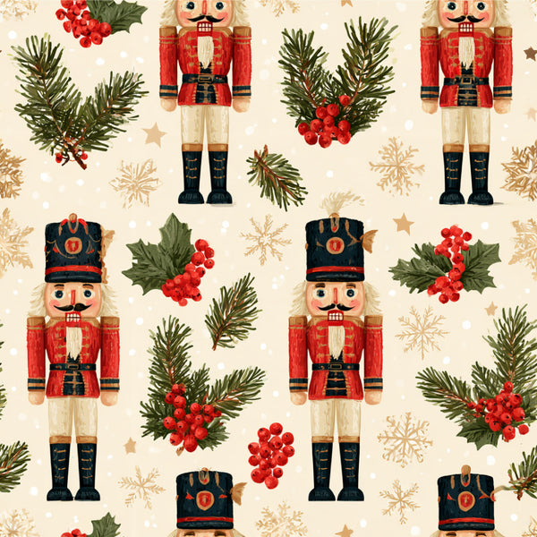 nutcracker, christmas, holiday, red, cream, forest green, gold, black, vintage, traditional, whimsical, festive, nutcracker soldier, evergreen branches, holly berries, snowflakes, stars, winter, seasonal, children's, kids room, playroom, nursery, toy soldier, classical, nostalgic, red and green, beige background, decorative, cheerful