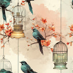 vintage birdcages, teal birds, coral flowers, peach blossoms, ornate cages, flowering branches, soft pastels, whimsical illustration,, fabric panel, nature motif, decorative birds, antique style, delicate artwork, spring theme, botanical elements, muted tones, charming design