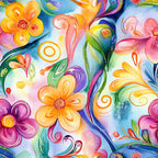vibrant colors, abstract floral, watercolor style, orange flowers, purple blooms, swirling patterns, flowing designs, multicolored background, artistic brushstrokes,, fabric panel, contemporary art, whimsical florals, bright palette, decorative swirls, painted effect, modern floral, colorful blooms, artistic pattern