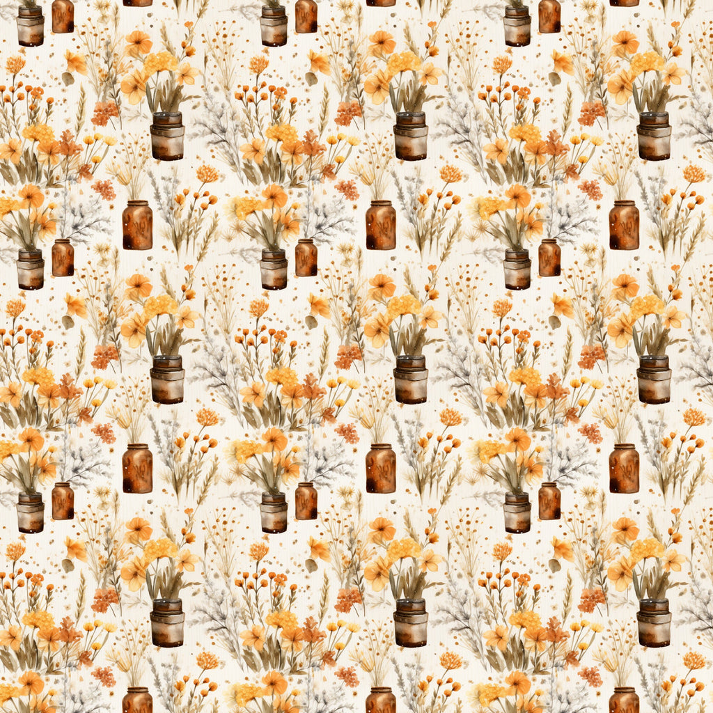 orange flowers, amber jars, cream background, watercolor style, floral bouquets, rustic vases, autumn blooms, botanical pattern, warm tones,, repeating motif, vintage style, dried flowers, mason jars, cottage core, soft florals, peachy orange, earthy palette, shabby chic