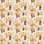 orange flowers, amber jars, cream background, watercolor style, floral bouquets, rustic vases, autumn blooms, botanical pattern, warm tones,, repeating motif, vintage style, dried flowers, mason jars, cottage core, soft florals, peachy orange, earthy palette, shabby chic