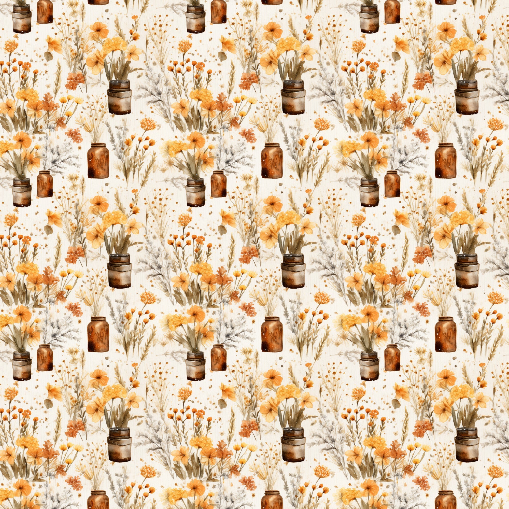 orange flowers, amber jars, cream background, watercolor style, floral bouquets, rustic vases, autumn blooms, botanical pattern, warm tones,, repeating motif, vintage style, dried flowers, mason jars, cottage core, soft florals, peachy orange, earthy palette, shabby chic