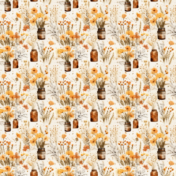 orange flowers, amber jars, cream background, watercolor style, floral bouquets, rustic vases, autumn blooms, botanical pattern, warm tones,, repeating motif, vintage style, dried flowers, mason jars, cottage core, soft florals, peachy orange, earthy palette, shabby chic