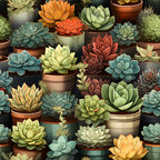 succulents,, fabric panel, botanical, potted plants, terracotta pots, sage green, coral orange, dusty blue, forest green, cream, burgundy, rosette pattern, garden theme, desert plants, ceramic planters, nature motif, repeating pattern, crafting fabric, quilting material
