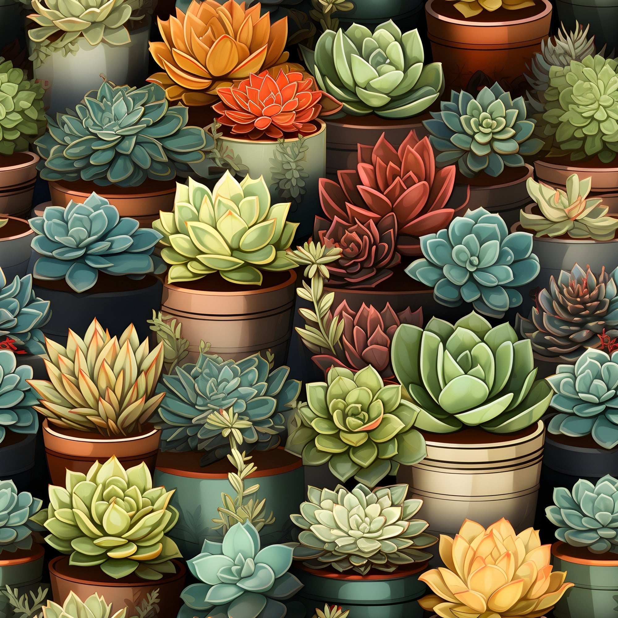 succulents,, fabric panel, botanical, potted plants, terracotta pots, sage green, coral orange, dusty blue, forest green, cream, burgundy, rosette pattern, garden theme, desert plants, ceramic planters, nature motif, repeating pattern, crafting fabric, quilting material