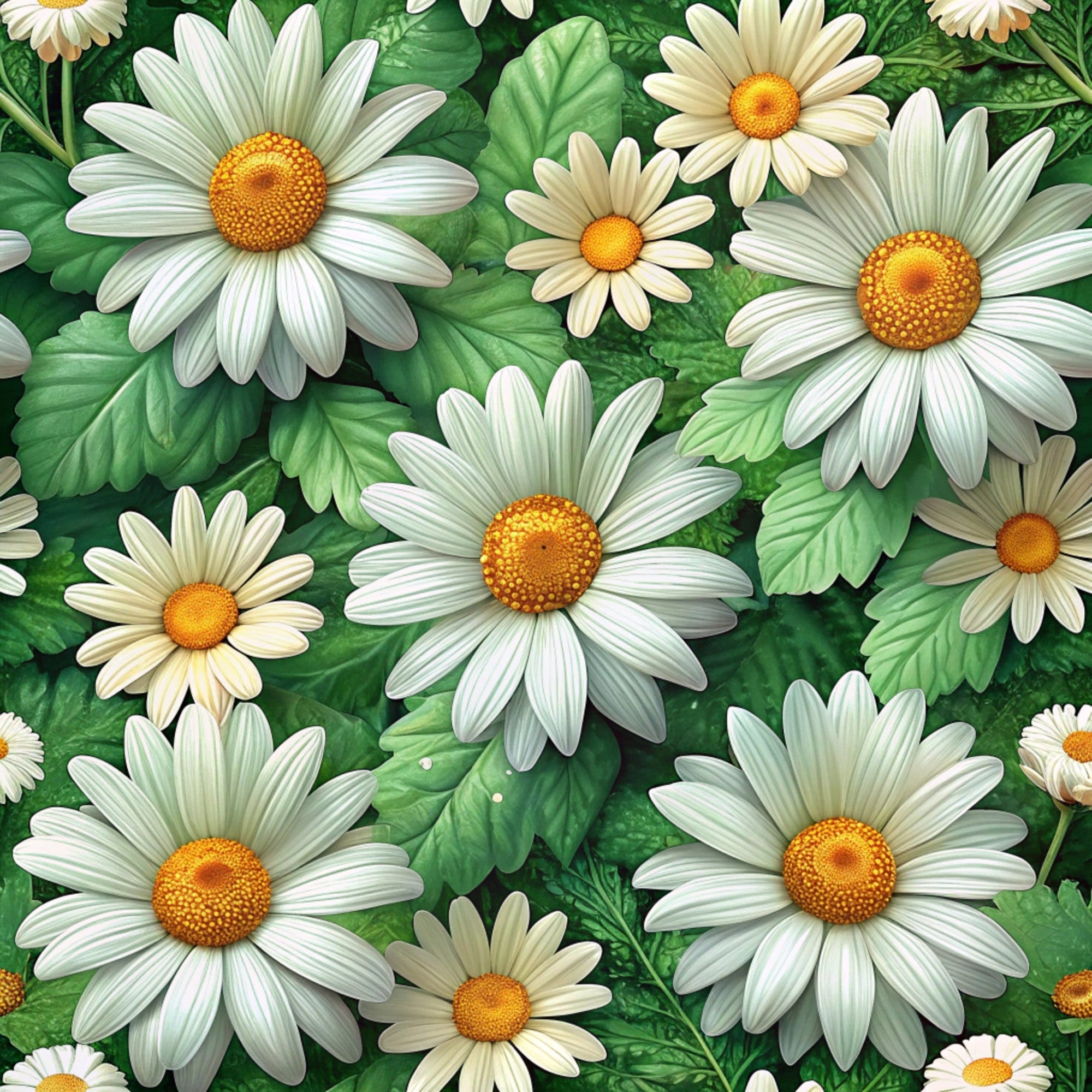 white daisies, yellow centers, green leaves, floral pattern, realistic flowers, botanical design, nature motif, spring theme,, fabric panel, white petals, bright yellow, forest green, garden flowers, blooming daisies, dense floral, seamless pattern, craft fabric, sewing material, wildflower design