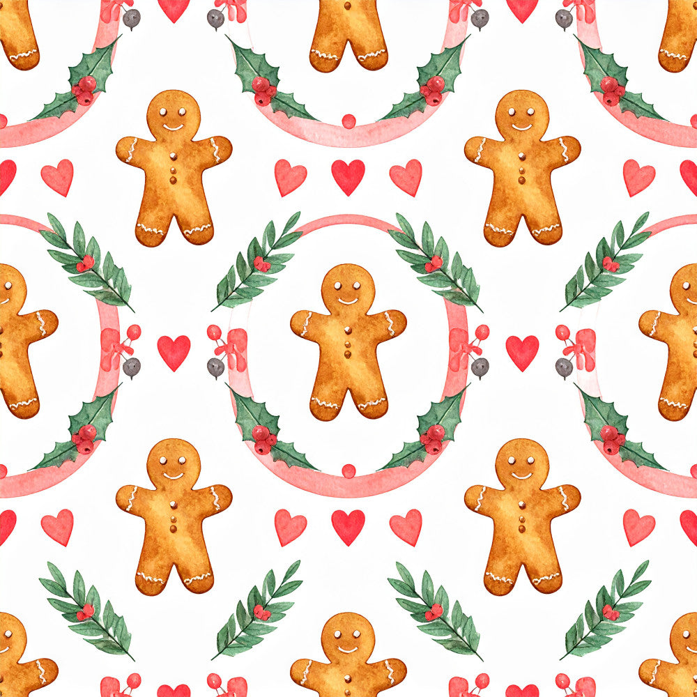 gingerbread man, holiday, christmas, festive, coral pink, red hearts, forest green, holly leaves, berries, candy cane, whimsical, playful, nursery, kids room, children's, baby, seasonal, winter, traditional, retro, cute, smiling faces, decorative, vintage christmas, cheerful, warm tones, golden brown, garland, ribbons, hearts